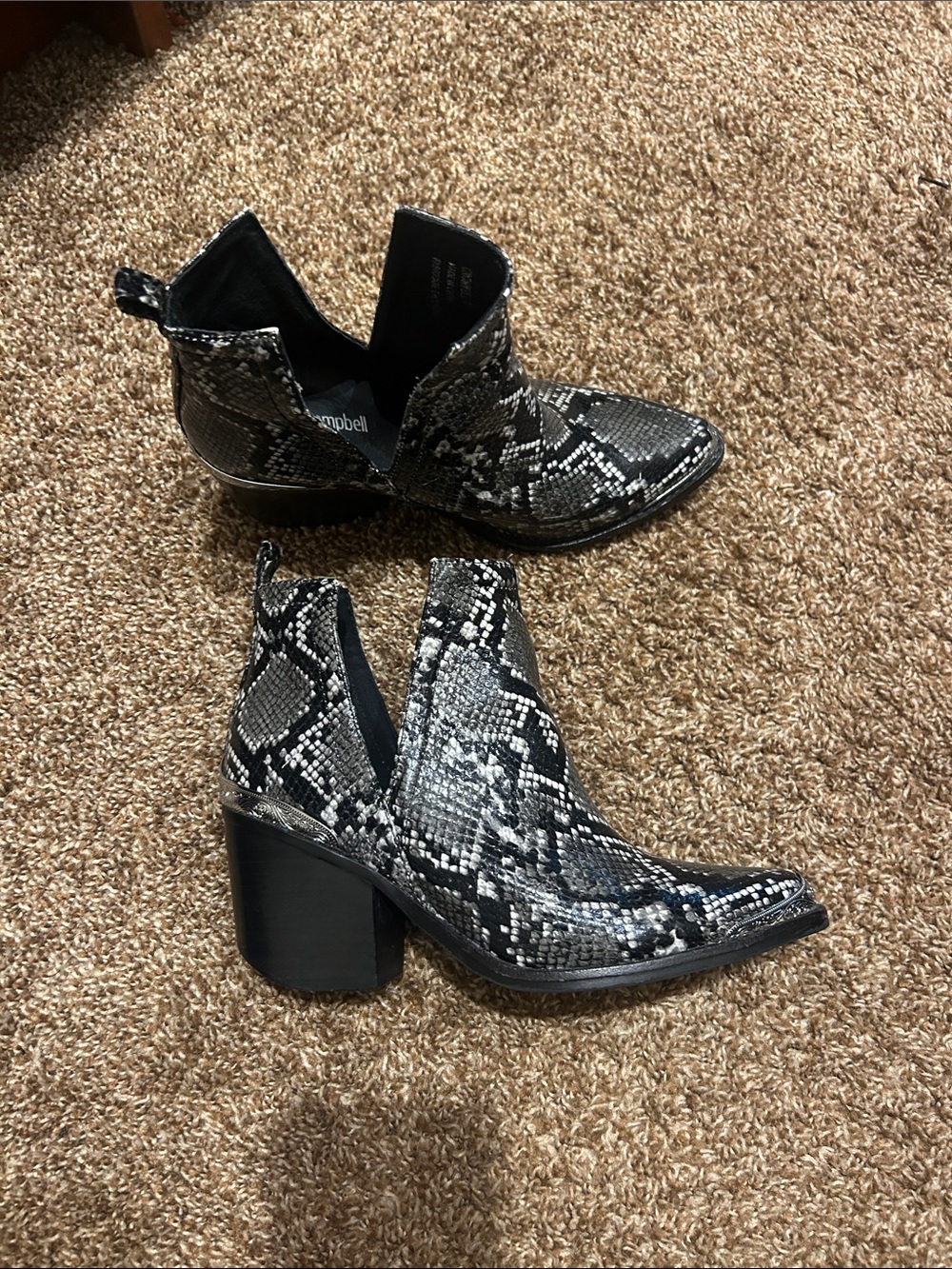 Jeffrey Campbell Black and White Snake-Print Ankle Booties